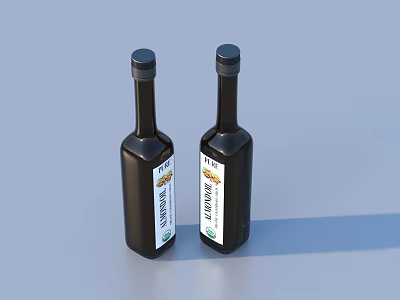 Two Dark Colored Seasoning Bottles With Labels On Light Blue Background 3d model
