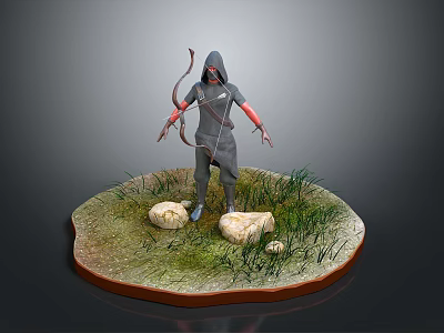 Hooded Man Standing with Bow in Dark Clothing on Circular Base with Grass and Stones 3d model