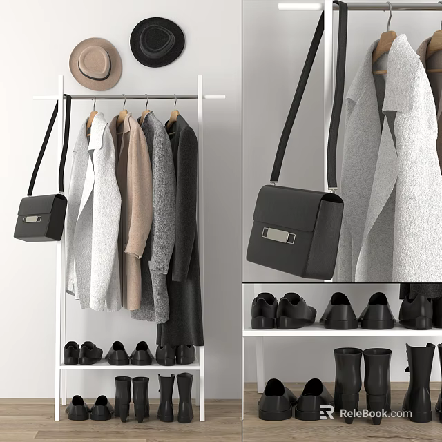 Modern Clothes Rack With Hanging Coats Sweaters Handbag Hats And Shoes Storage 3d model 