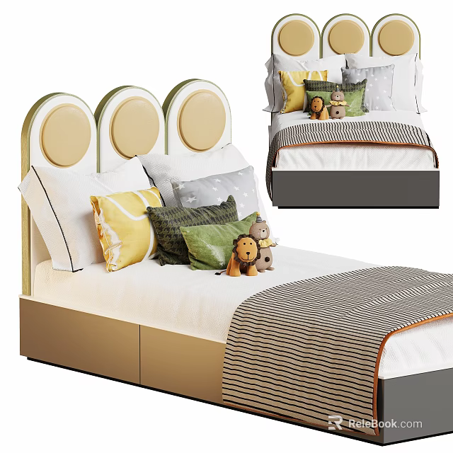 Double Bed with Green Beige Circular Headboard Colorful Pillows Plush Lion Toy and Striped Blanket 3d model 