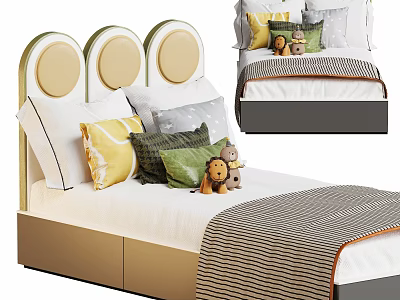 Double Bed with Green Beige Circular Headboard Colorful Pillows Plush Lion Toy and Striped Blanket 3d model