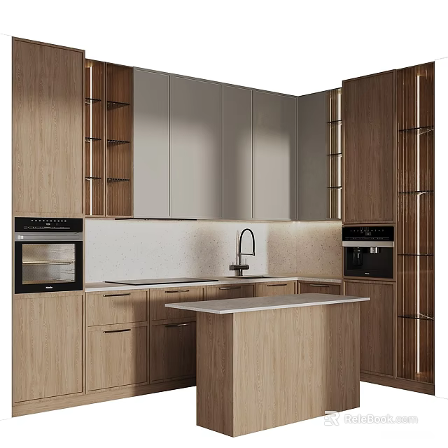 Modern Kitchen Interior With Wooden Cabinets Island Countertop And Appliances 3d model 