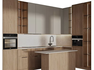 Modern Kitchen Interior With Wooden Cabinets Island Countertop And Appliances 3d model