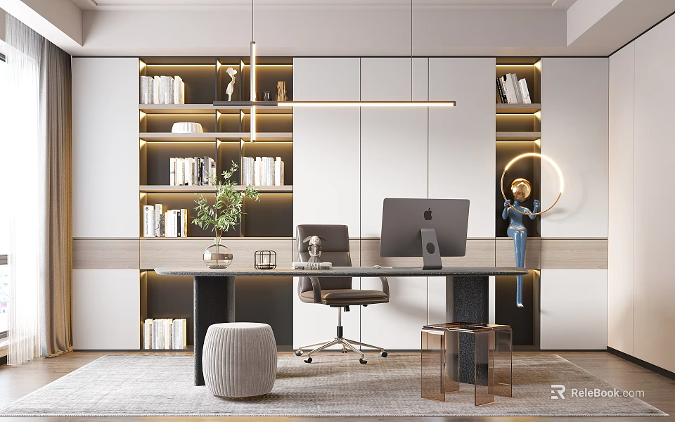 Modern Study Room Interior With Bookshelves Desk Computer And Chair 3d model
