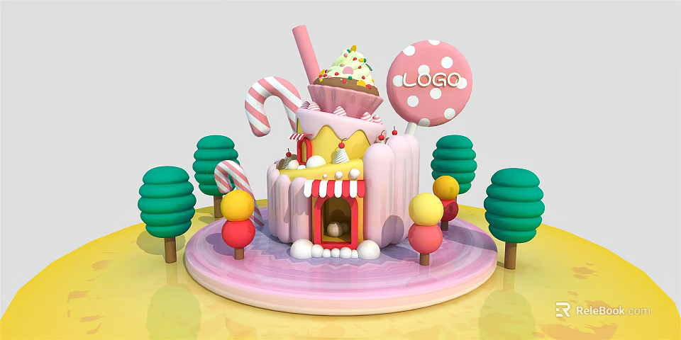 Candy Themed House with Ice Cream Lollipop Candy Cane and Colorful Decorations 3d model 