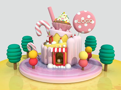 Candy Themed House with Ice Cream Lollipop Candy Cane and Colorful Decorations 3d model