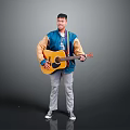 Man holding acoustic guitar wearing blue beige jacket gray pants white sneakers against gray background