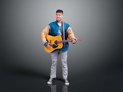 Man holding acoustic guitar wearing blue beige jacket gray pants white sneakers against gray background 3d model