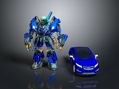 Blue Mechanical Robot Standing Next to Blue Car on Reflective Surface 3d model