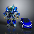 Blue Mechanical Robot Standing Next to Blue Car on Reflective Surface 3d model