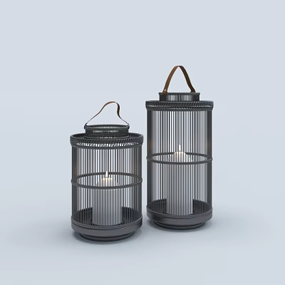 Outdoor Lantern Lights with Black Metal Frame and Brown Handle for Garden Patio Decor 3d model