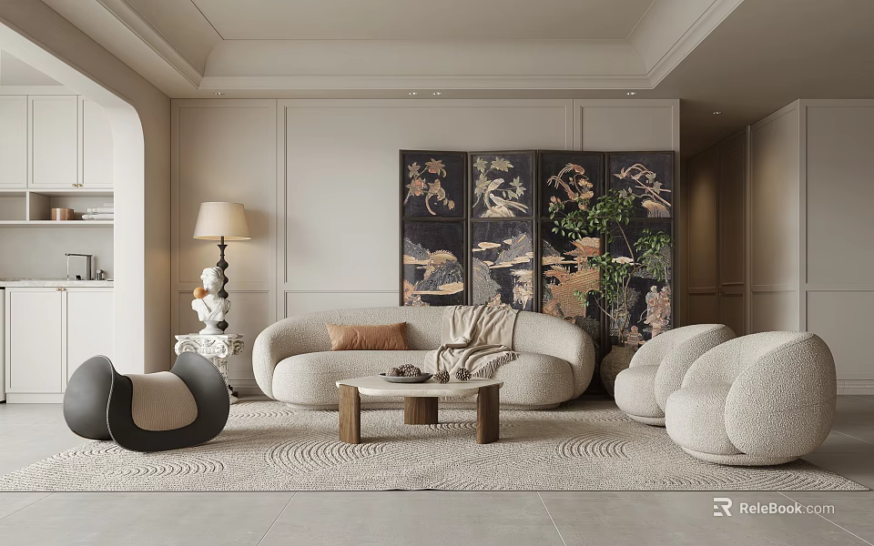 Luxury Living Room Interior With Beige Sofa Decorative Paintings Rug Floor Lamp And Green Plants 3d model 