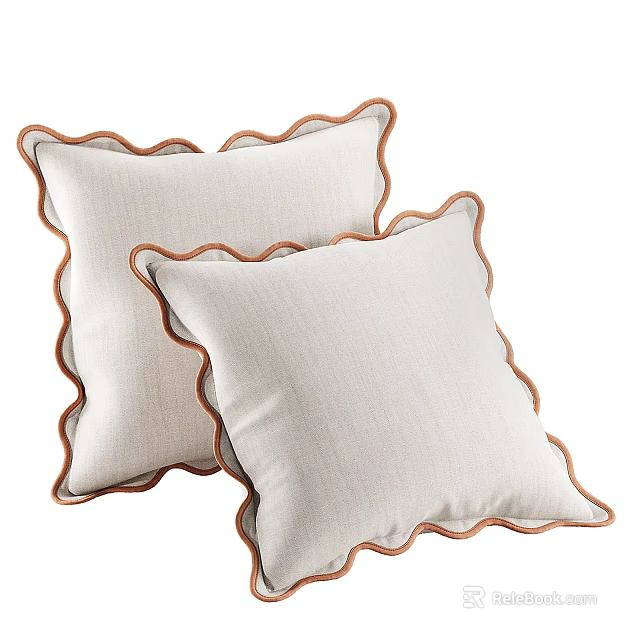 Two Beige Decorative Throw Pillows With Scalloped Brown Edges And Soft Fabric Texture 3d model 