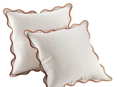 Two Beige Decorative Throw Pillows With Scalloped Brown Edges And Soft Fabric Texture 3d model