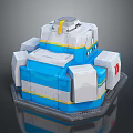Blue And White Block Structure With Yellow Stripes 3D Model On Gray Base 3d model