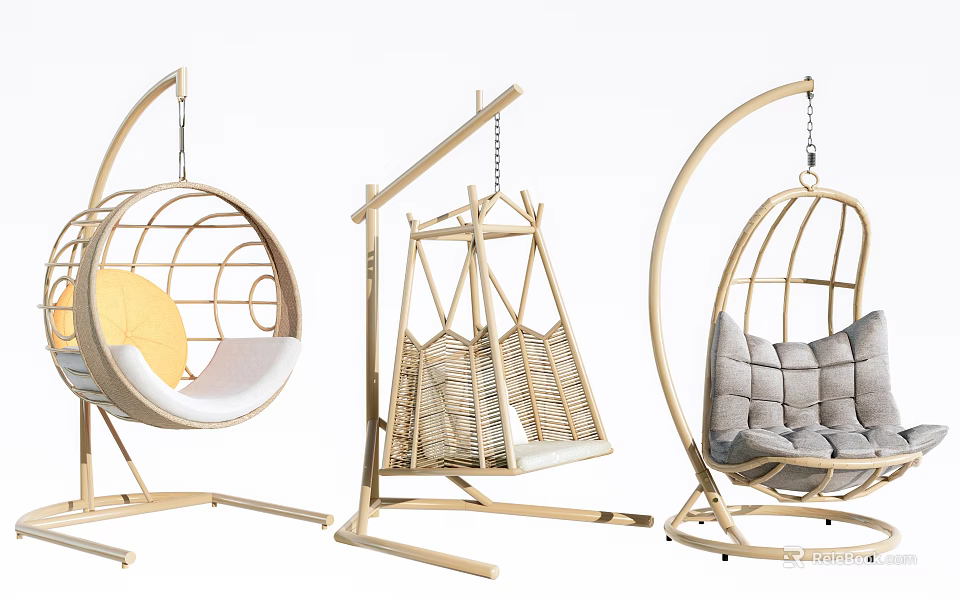 Stylish Outdoor Swing Chairs Rattan Design With Hanging Frame And Yellow Gray Cushions 3d model 