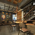 Rustic Coffee Shop Interior With Wooden Wall Stone Wall Chandeliers And Guitar Decor