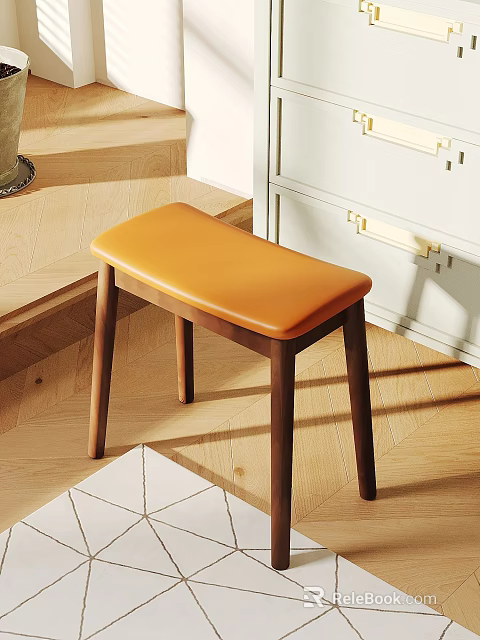 Modern Stylish Stool With Orange Leather Seat And Dark Wooden Legs In Interior Space 3d model 