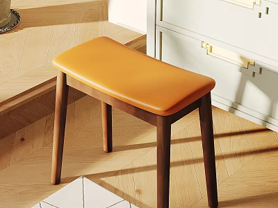 Modern Stylish Stool With Orange Leather Seat And Dark Wooden Legs In Interior Space 3d model