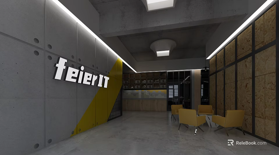 Modern Industrial Style Office Reception Space With Featured Brand Wall And Bright Yellow Lounge Chairs 3d model 