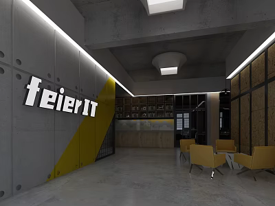 Modern Industrial Style Office Reception Space With Featured Brand Wall And Bright Yellow Lounge Chairs 3d model