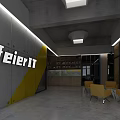 Modern Industrial Style Office Reception Space With Featured Brand Wall And Bright Yellow Lounge Chairs