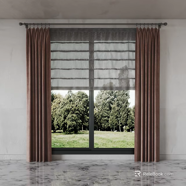 Brown Curtains with Sheer Curtains on Window View of Green Trees and Grass 3d model 