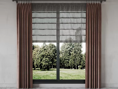 Brown Curtains with Sheer Curtains on Window View of Green Trees and Grass 3d model