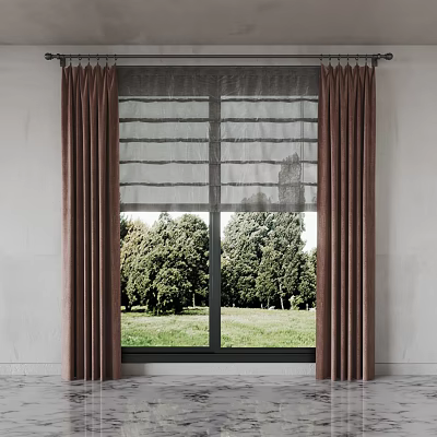 Brown Curtains with Sheer Curtains on Window View of Green Trees and Grass 3d model