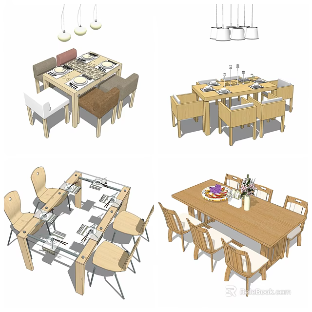 Various Wooden Dining Table Sets With Matching Chairs And Decorative Tableware 3d model 