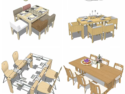 Various Wooden Dining Table Sets With Matching Chairs And Decorative Tableware 3d model