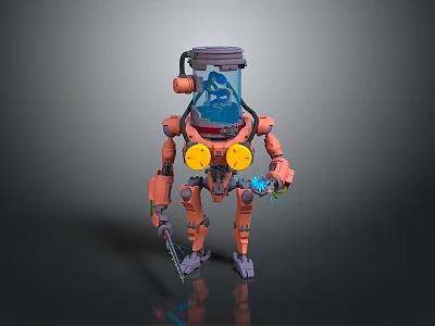 Orange Mechanical Humanoid Robot With Transparent Head Blue Interior And Yellow Circular Parts 3d model