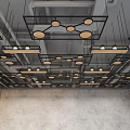 Modern Ceiling Design With Black Grid Frames Circular Wooden Decorations And Hanging Light Fixtures