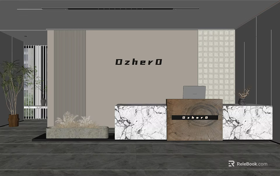 Modern Front Desk Reception Area With Marble Countertop Ozhero Logo And Decorative Plants 3d model 