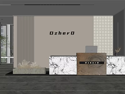 Modern Front Desk Reception Area With Marble Countertop Ozhero Logo And Decorative Plants 3d model