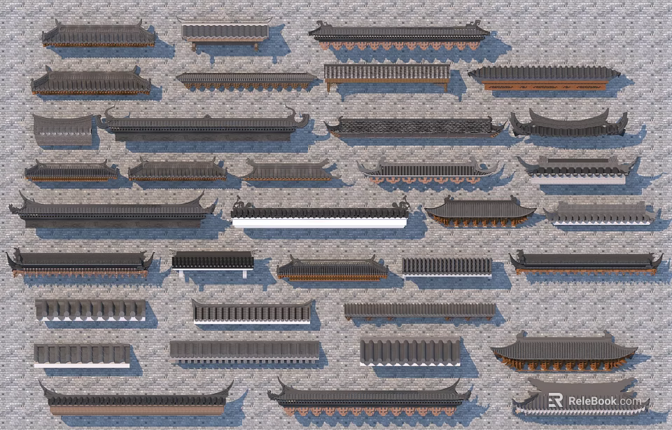 Chinese Traditional Architectural Roof Components Featuring Various Ancient Styles 3d model
