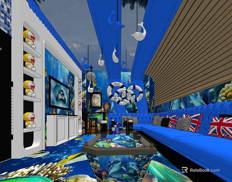 Ocean Themed KTV Room With Blue Sofas Dolphin Decorations And Underwater Backdrop 3d model