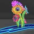 Colorful Neon Art Installation With Illuminated Flowers Green Stems And Blue Base