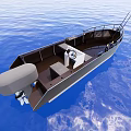 Small Wooden Boat With Steering Wheel Seats And Outboard Motor On Blue Sea