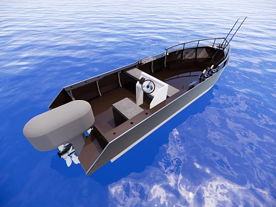 Small Wooden Boat With Steering Wheel Seats And Outboard Motor On Blue Sea 3d model