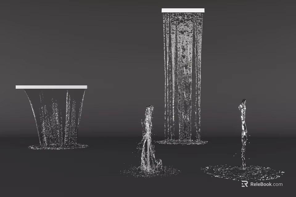Garden Decorative Water Features Featuring Various Forms of Water Curtains Columns Splashes in Wireframe Design 3d model 
