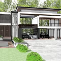 Modern Detached Villa Exterior With Large Glass Windows Garage And Green Lawn