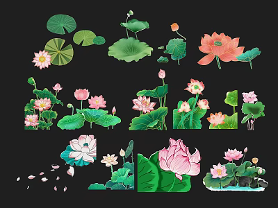 National tide carved plant silhouette lotus flower lotus leaf flower national wind carp fish animal lotus root lotus pond decorative pattern 3d model