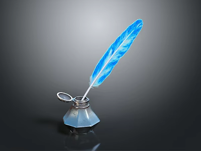 Elegant Blue Feather Quill Pen With Glass Inkwell And Metal Base Daily Life Essentials 3d model