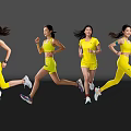 Active Women In Yellow Sportswear Running On Dark Background With Reflective Floor