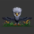 Cartoon Eagle Character Standing On Green Grass With Yellow Flowers And Red Mushrooms