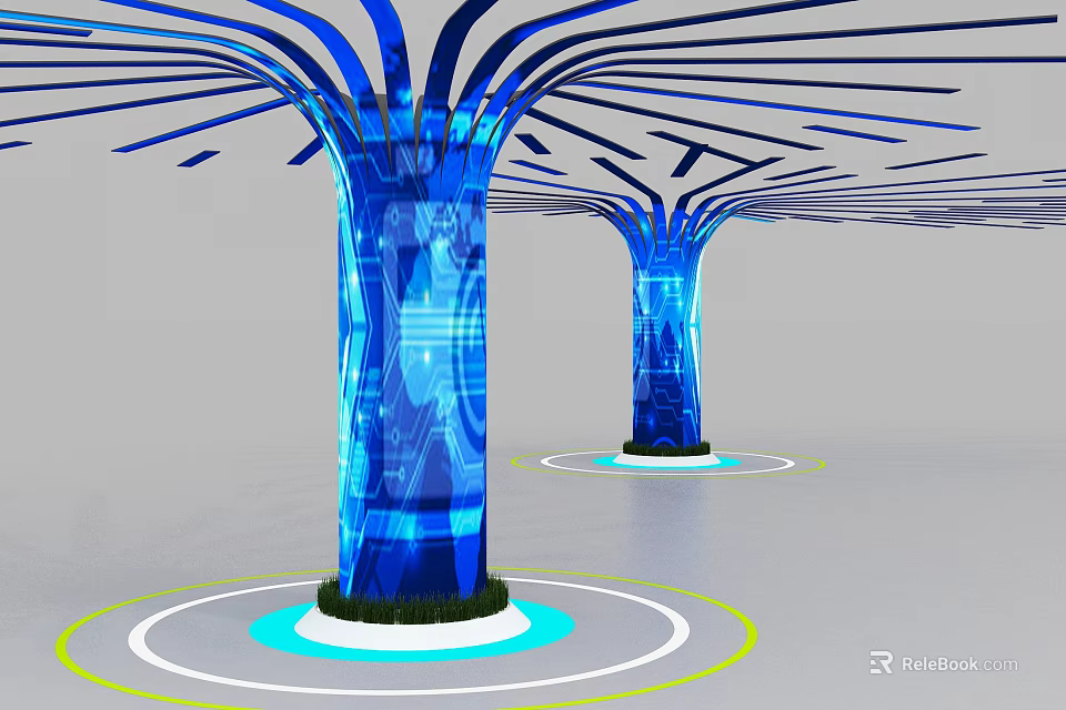 Blue Columns With Branching Top Illuminated Patterns Circular Glowing Base And Light Rings 3d model