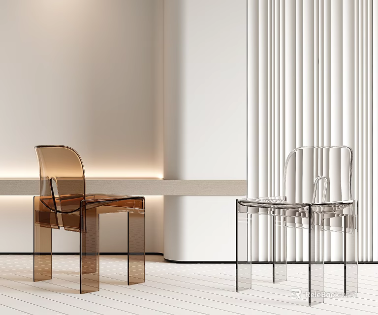Brown And Clear Acrylic Lounge Chairs In Modern Minimalist White Interior With Lighting 3d model 