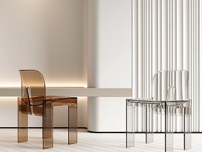 Brown And Clear Acrylic Lounge Chairs In Modern Minimalist White Interior With Lighting 3d model