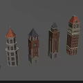 Diverse Architectural Tower Models Featuring Clock Towers Steeples and Brick Details
